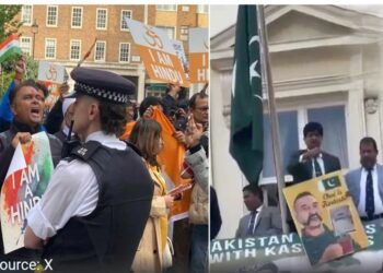 लंदन में पाकिस्तानी कर्नल की घिनौनी हरकत: भारतीय प्रदर्शनकारियों को गला काटने का इशारा